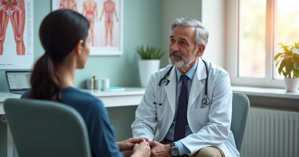 Médico urologista em consultório moderno conversando com paciente sentado na cadeira