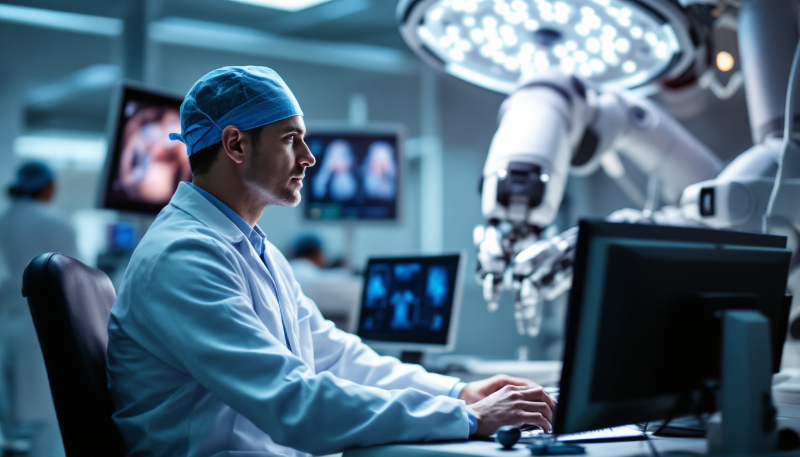 Sala de cirurgia moderna com equipe médica usando sistema de cirurgia robótica realizando procedimento urológico detalhado