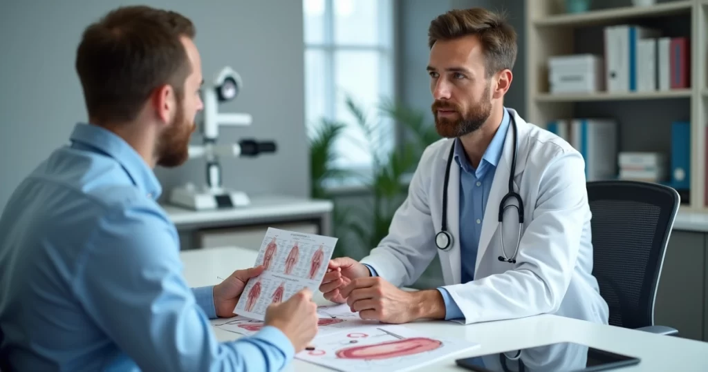 Médico urologista atendendo paciente em consultório clínico moderno, com equipamentos médicos ao fundo